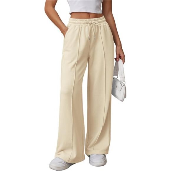Womens Wide Leg Sweatpants High Waisted Beige - Picture 1 of 6